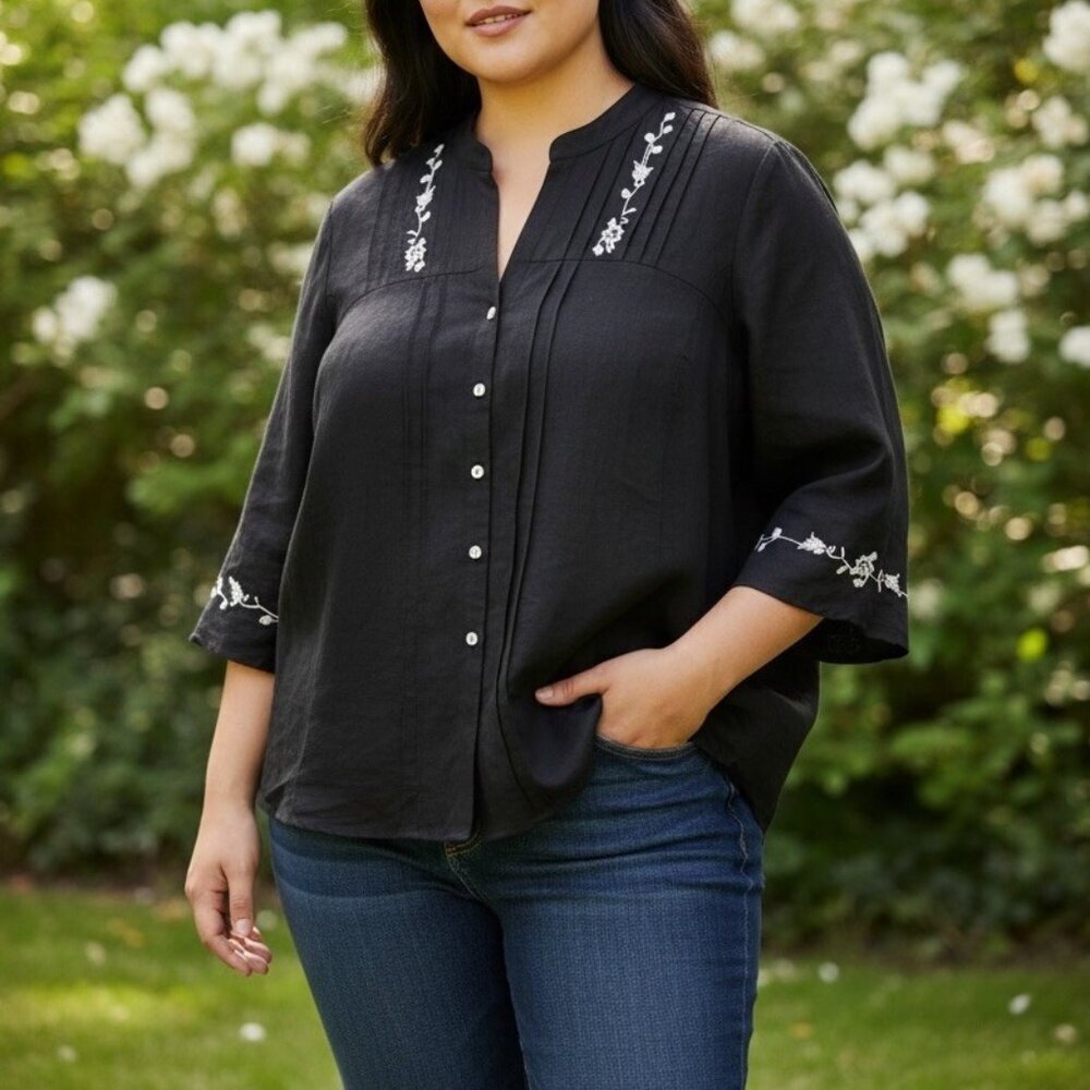 Emma James Linen Blend Womens Size 20 Black Embroidered Blouse Top 3/4 Sleeves